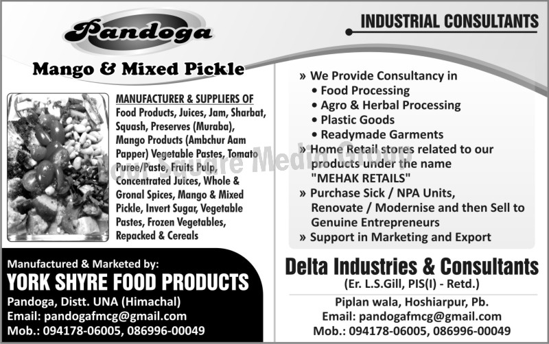 Food Products, Juices, Jam, Sharbat, Squash, Murabba, Murrabba, Mango Products, Aamchur, Aam Papad, Vegetable Pastes, Tomato Puree, Tomato Paste, Fruits Pulps, Concentrated Juices, Whole Spices, Whole Masala, Gronal Spices, Gronal Masala, Mango Pickles, Mixed Pickles, Invert Sugar, Vegetable Pastes, Frozen Vegetables, Cereals, Fruit Processing Consultancy Services, Agro Products Processing Consultancy Services, Herbal Products Consultancy Services, Plastic Goods Consultancy Services, Readymade Garments Consultancy Services