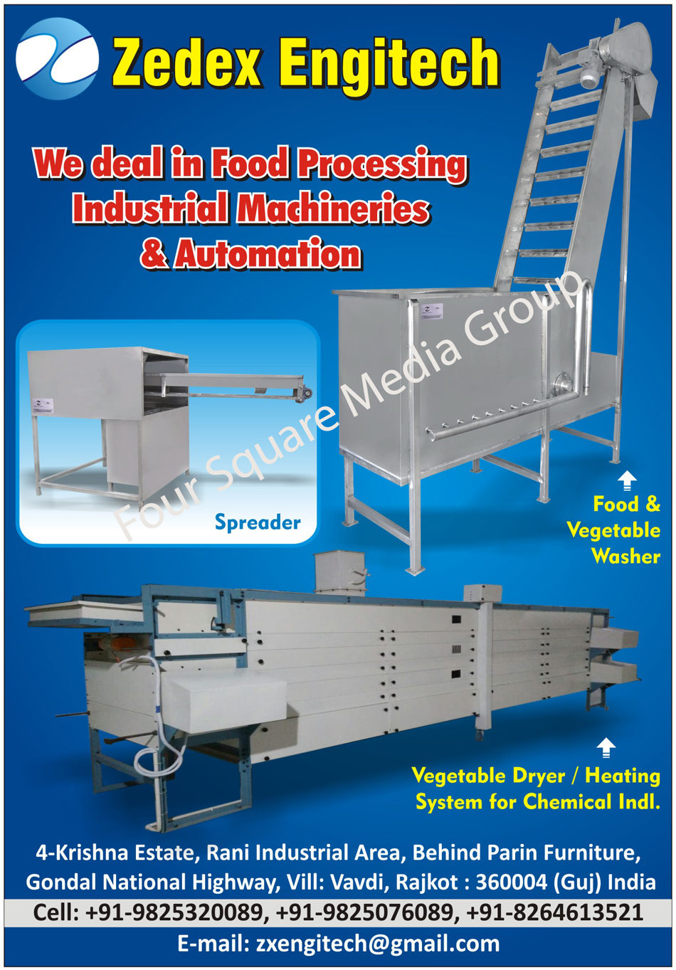 Food Processing Machines, Industrial Machines, Spreaders, Food Washers, Vegetable Washers, Vegetable Dryers, Chemical Industry Heating Systems, Food Processing Machine Automation, Industrial Machine Automation